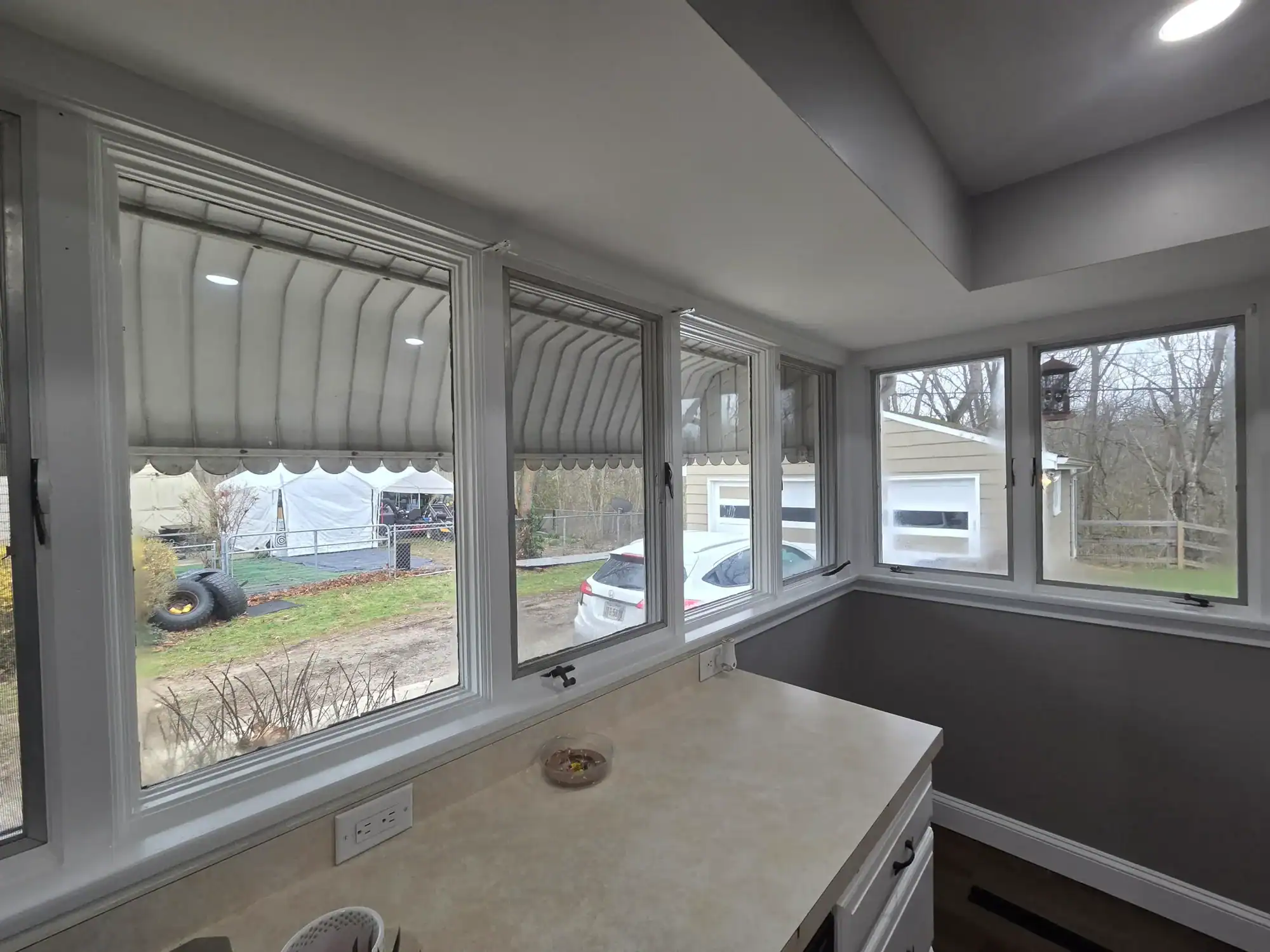Kitchen painting Fairfield Ohio - gray kitchen with white counters and professional cabinet finish