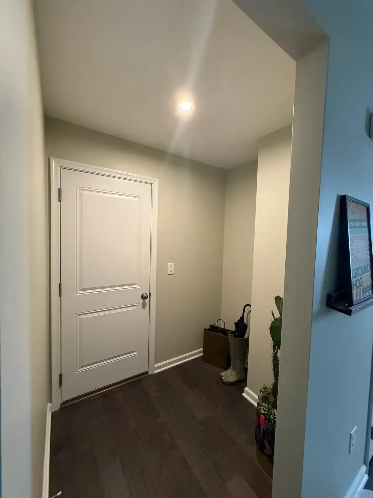 Professional interior painting Liberty Township - gray entryway with white door and hardwood floors